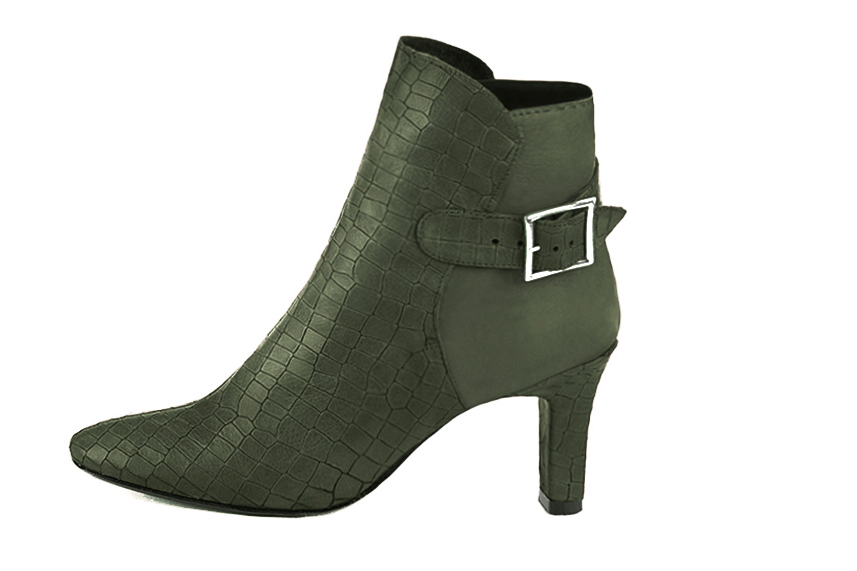 Forest green women's ankle boots with buckles at the back. Round toe. High kitten heels. Profile view - Florence KOOIJMAN